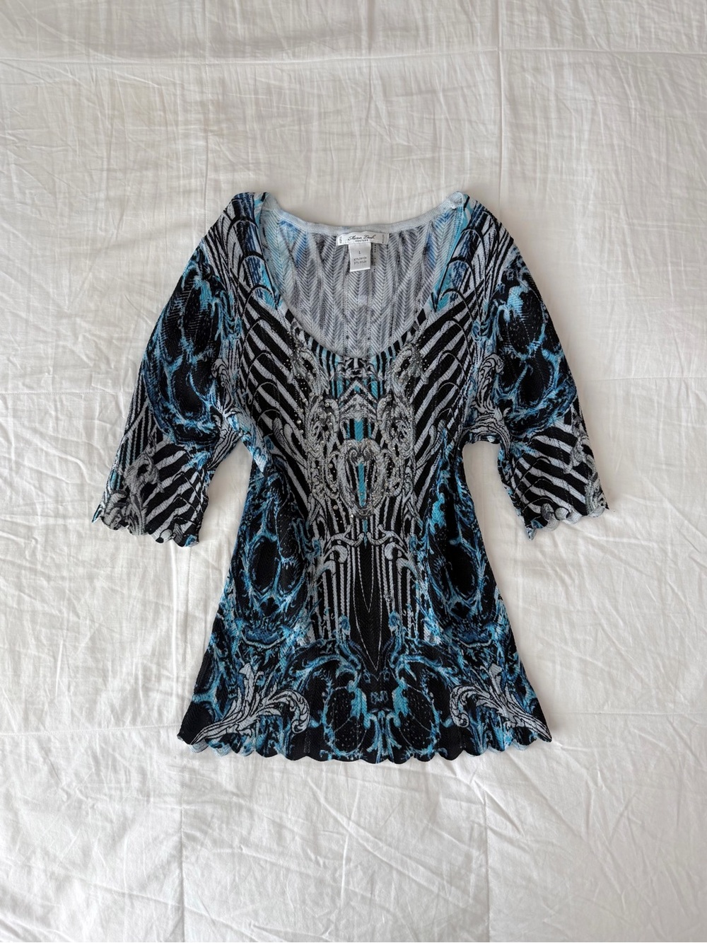 Mona Leah Couture Cyber Grunge Blue & Black Rhinestone 3/4 Sleeve Knit Top